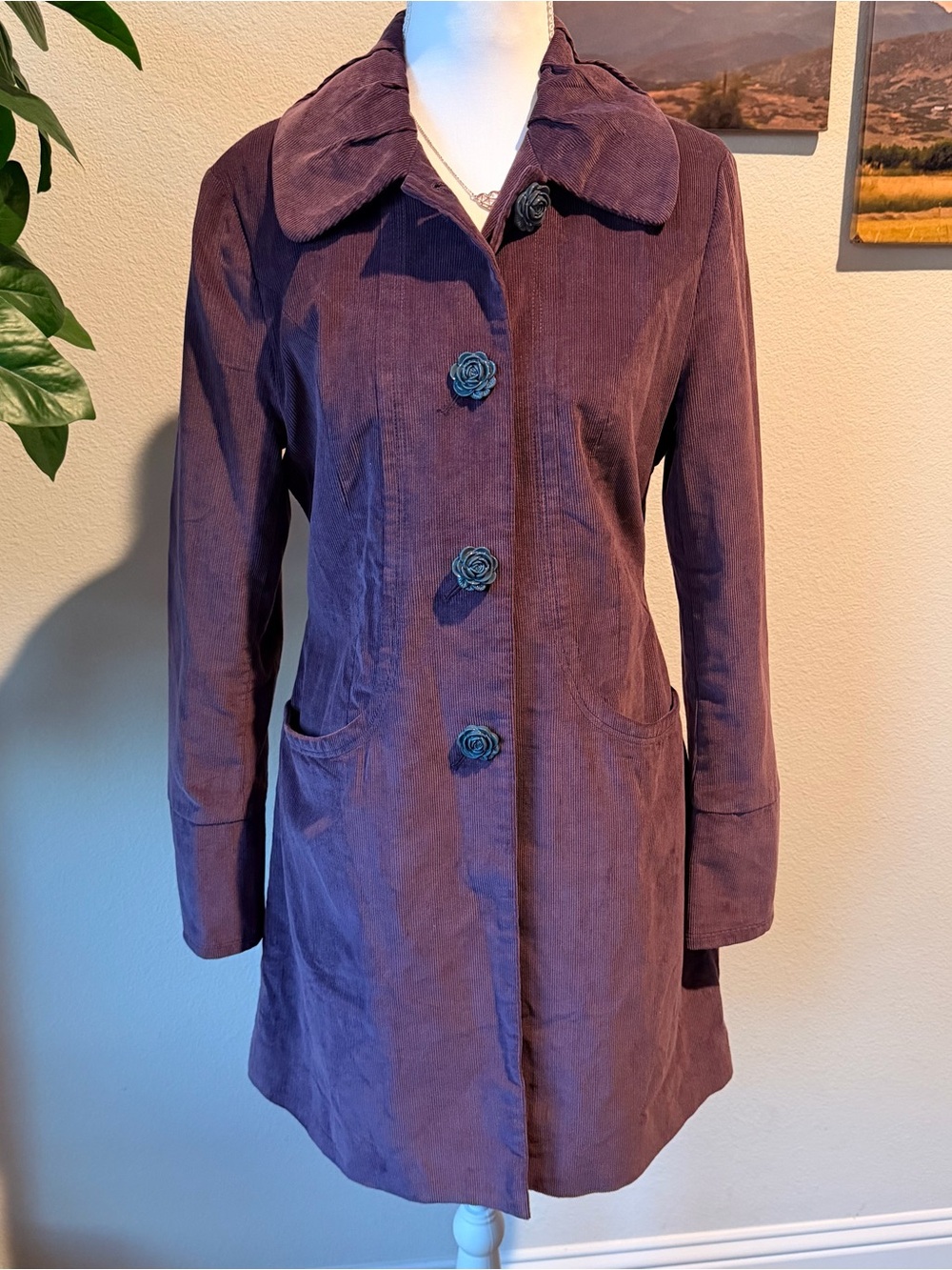 Ness of Scotland Purple Corduroy Longline Coat with Rose Buttons